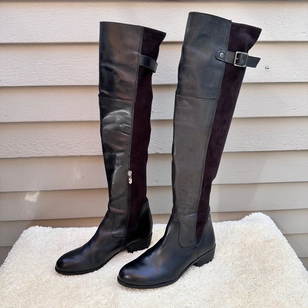 Sam Edelman Jacob Black Leather Over The Knee Boots Womens 8M Low Block Heel